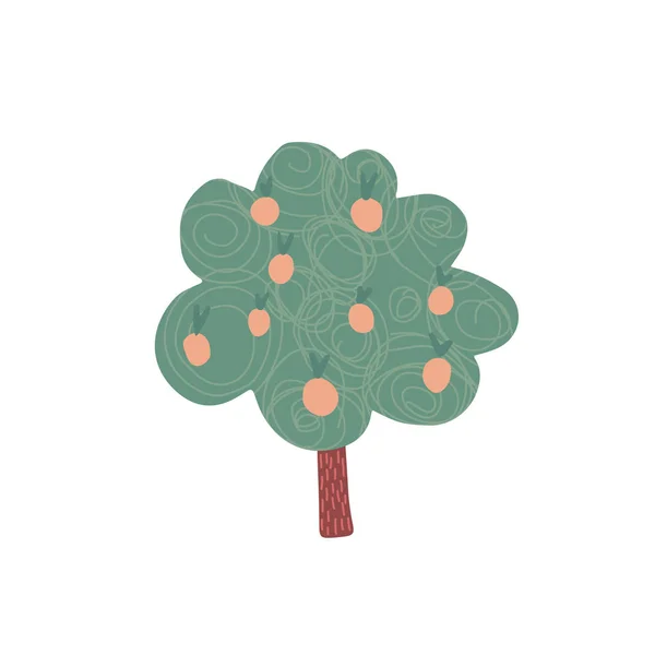 Árbol frutal en estilo dibujado a mano aislado sobre fondo blanco. Manzano de dibujos animados . — Vector de stock