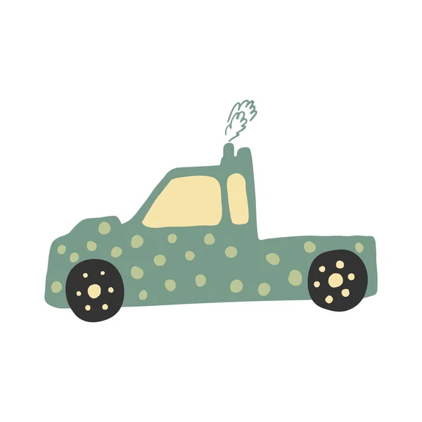 Kleine groene truck in doodle stijl. Leuke kinderen auto vervoer. Babyvervoer. Tekening schets. — Stockvector