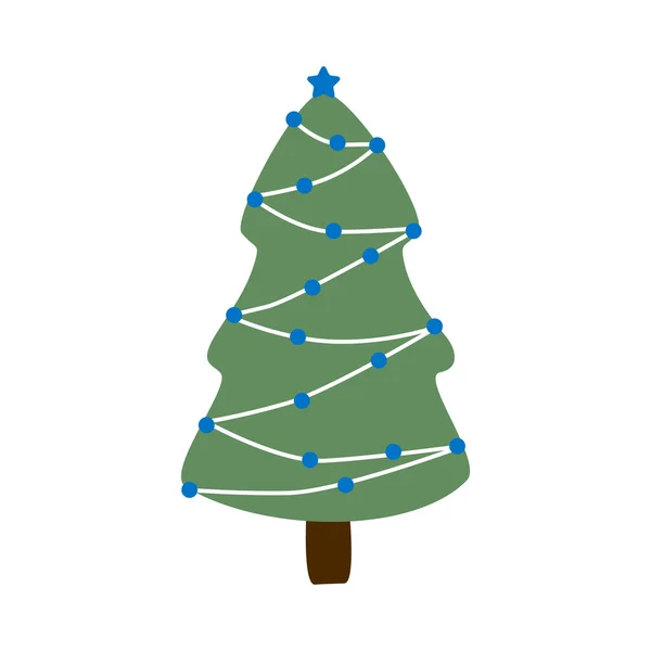 Abeto navideño en estilo garabato símbolo. Árbol de Navidad de dibujos animados en guirnaldas aisladas sobre fondo blanco . — Vector de stock