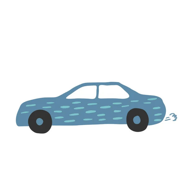 Kleine blauwe auto in doodle stijl. Leuke kinderen auto vervoer. — Stockvector