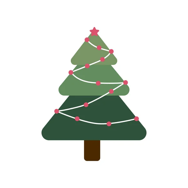 Праздничная ель ручной работы в плоском стиле. Карикатура Рождественская елка в гирляндах изолированы на белом фоне . — стоковый вектор