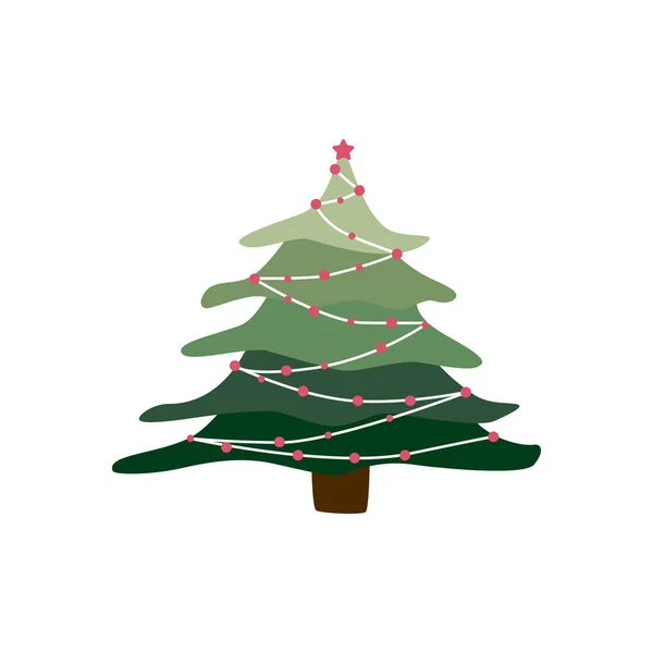 Праздничная ель ручной работы в стиле каракулей. Карикатура Рождественская елка в гирляндах изолированы на белом фоне . — стоковый вектор