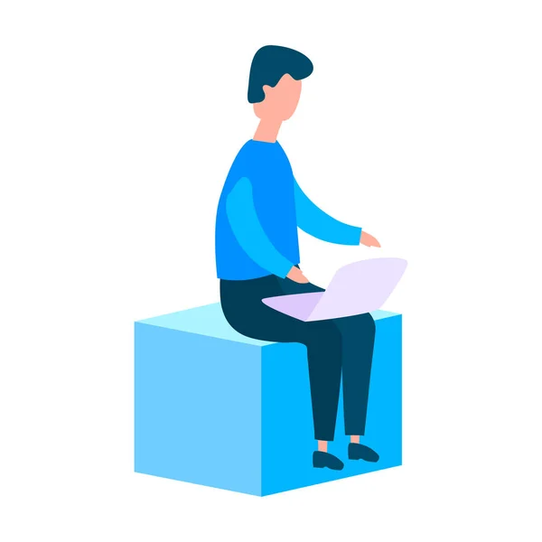 Employé de bureau et ordinateur portable assis sur cube. Style plat — Image vectorielle