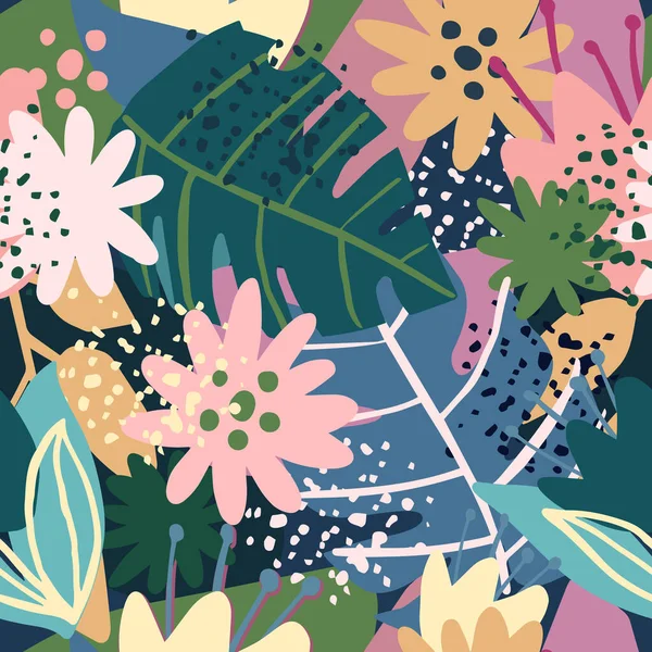 Seamless pattern with trendy exotic floral. Contemporary collage design.