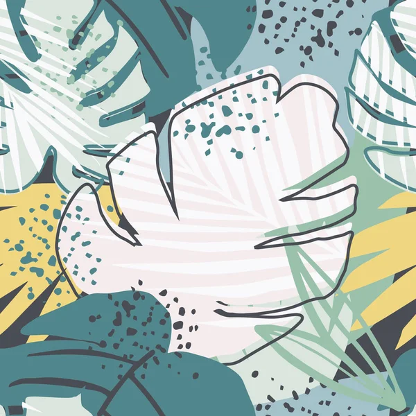 Seamless pattern with exotic rainforest leaves. Contemporary collage design. — Stok Vektör