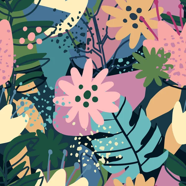 Contemporary collage design. Seamless pattern with trendy exotic floral.