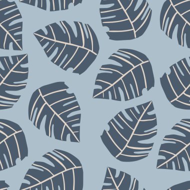 Seamless pattern with monstera leaves on blue background. Philodendron plant.