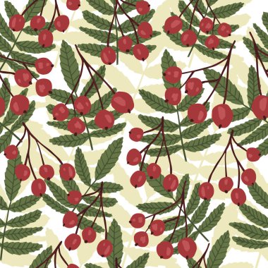 Vintage rowan seamless pattern on leaf background. Floral backdrop.