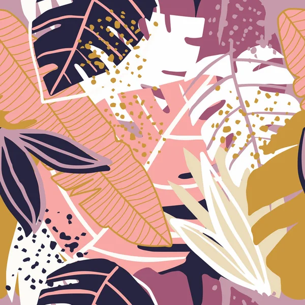 Nahtloses Muster mit trendigen exotischen Blumengärten im zeitgenössischen Collage-Design. Kreative tropische handgezeichnete Texturen. Modernes Tapeten-, Stoff- und Verpackungsdesign. Botanische Vektorillustration — Stockvektor