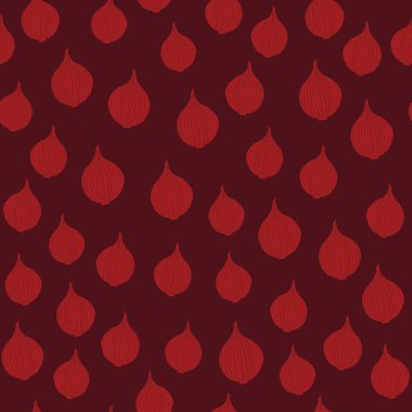 Kırmızı arkaplanda dikişsiz soğan deseni. Organik doku. Soğan soğanı sebze duvar kağıdı. Kumaş, tekstil baskısı, ambalaj kağıdı, mutfak tekstili tasarımları. Vektör illüstrasyonu