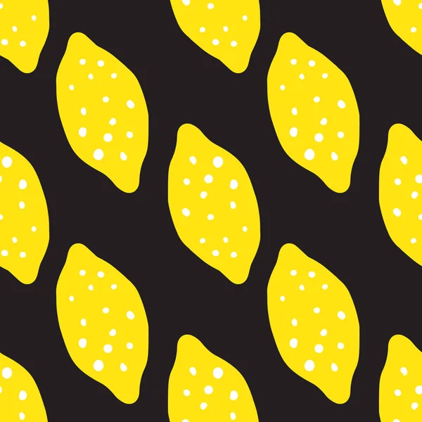 黒の背景にレモンのシームレスなパターン 手描き柑橘類の壁紙 ファブリック テキスタイルプリント 包装紙 キッチンテキスタイルのためのモダンなデザイン ベクターイラスト — ストックベクタ