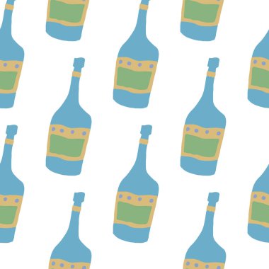 Beyaz arka planda cam kartonpiyer deseni var. Alkol barı şişeleri karalama tarzında. Kumaş, tekstil baskısı, ambalaj kağıdı için tasarım. Yaratıcı vektör illüstrasyonu