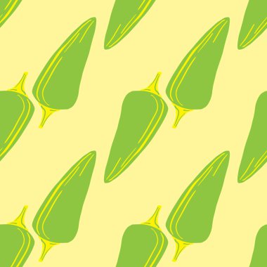 Sarı arka planda yeşil dolma biber deseni var. Biberli el arka planda. Botanik duvar kağıdı. Kumaş, tekstil baskısı, ambalaj kağıdı, mutfak tekstili tasarımları. Vektör illüstrasyonu