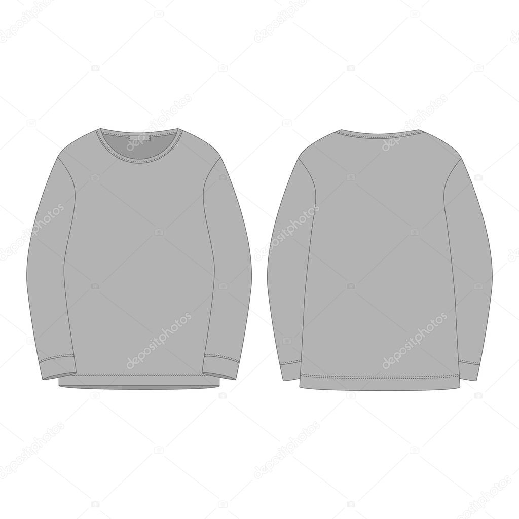 Gray sweatshirt isolated isolated on white background. Front and back technical sketch kids clothes. Sportswear, casual urban style. Fashion vector illustration