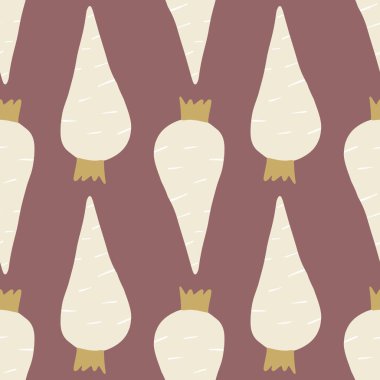 Geometrik turp kökü karalama stilinde dikişsiz desen. Vejetaryen sağlıklı yemek dokusu. Botanik duvar kağıdı. Kumaş, tekstil baskısı, ambalaj kağıdı, mutfak tekstili tasarımları. Vektör illüstrasyonu