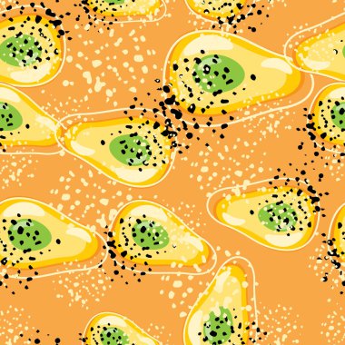 Noktalar üzerinde son moda avokado pürüzsüz desen. Vejetaryen sağlıklı yemek arkaplanı. Kumaş, tekstil baskısı, ambalaj kağıdı, mutfak tekstili tasarımları. Vektör illüstrasyonu