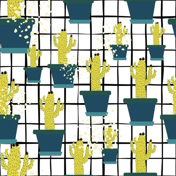 Cactus Disegnato Mano Vaso Modello Senza Cuciture Sfondo Strisce Carta — Vettoriale Stock