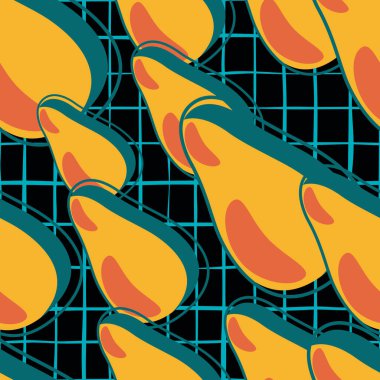 Avokado siyah arka planda kusursuz desen. Vejetaryen sağlıklı yemek arkaplanı. Kumaş, tekstil baskısı, ambalaj kağıdı, mutfak tekstili tasarımları. Moda vektör illüstrasyonu