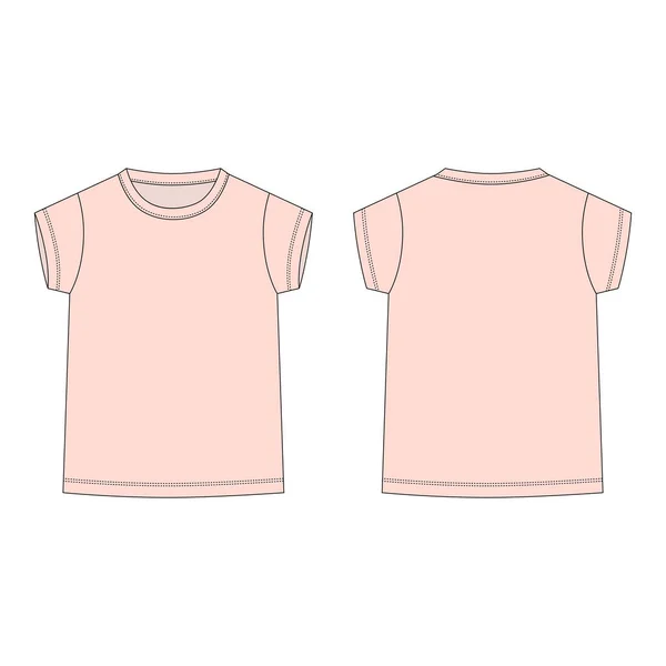粉色T恤隔离在白色背景 前后技术草图 运动服 休闲都市风格的儿童服装 时尚矢量图解 — 图库矢量图片