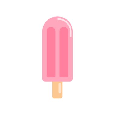 Beyaz arka planda izole edilmiş donmuş çilekli dondurma. Summer Ice lolipopu düz stil. Pembe dondurma vektör çizimi.