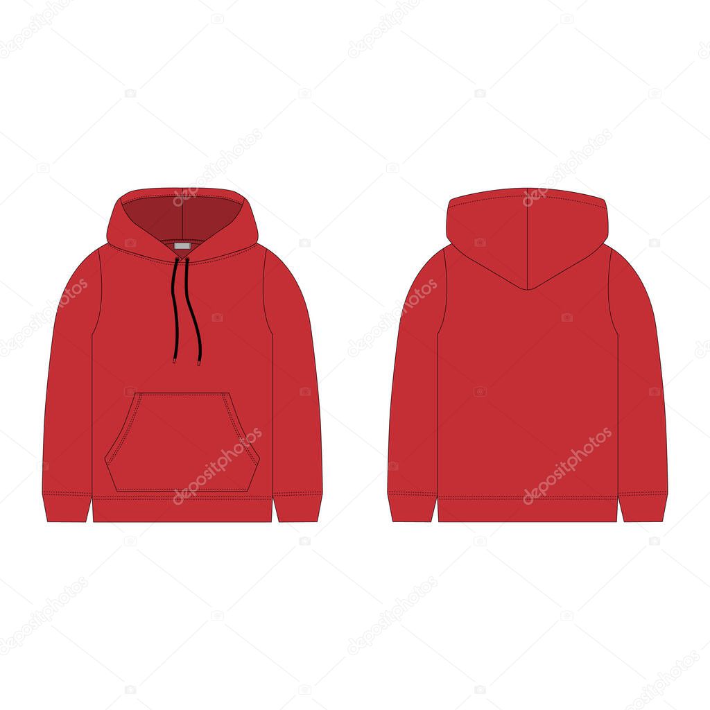 Children's hoodie in red color isolated on white background. Technical sketch hoody kids clothes. Vector fashion illustration.