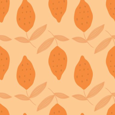 Turuncu arka planda yapraksız desenli modaya uygun limon. El yapımı narenciye meyveleri. Kumaş, tekstil baskısı, ambalaj kağıdı, mutfak tekstili tasarımları. Modern tasarım. Vektör illüstrasyonu