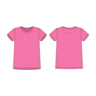 Beyaz arka planda izole edilmiş pembe renkli kadınlar için tişört. Spor kıyafetleri, sıradan şehir tarzı. Ön ve arka teknik eskiz. Moda vektör illüstrasyonu