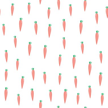 Geometrik turuncu havuç, beyaz arka planda dikişsiz desen. Botanik duvar kağıdı. Kumaş, tekstil baskısı, ambalaj kağıdı, mutfak tekstili tasarımları. Modern vektör illüstrasyonu