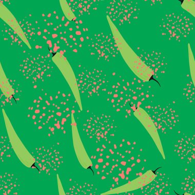 Noktalar üzerinde kırmızı bibersiz desen. Şili biberi duvar kağıdı. Yaratıcı vejetaryen sağlıklı gıda dokusu. Kumaş, tekstil baskısı, ambalaj kağıdı, mutfak tekstili tasarımları. Vektör illüstrasyonu