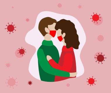 Evli çiftin koronavirüs riski var. Çin salgını COVID-19. Kadın ve erkek tehlikede. Corona virüs salgını geçmişi. Düz tasarımda vektör illüstrasyonu