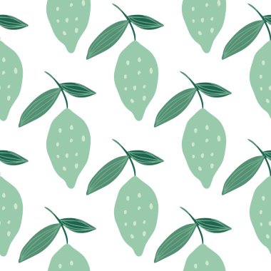 Beyaz arka planda lekesiz yapraklı modaya uygun bir limon. El yapımı narenciye meyveleri. Kumaş, tekstil baskısı, ambalaj kağıdı, mutfak tekstili tasarımları. Modern tasarım. Vektör illüstrasyonu