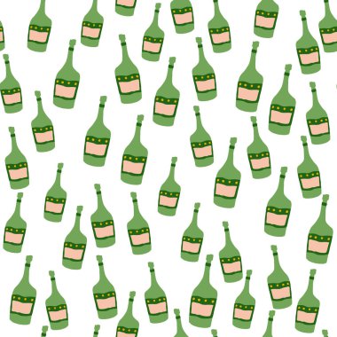 Alkol barı şişeleri karalama tarzında. Beyaz arka planda dikişsiz komik cam şişe deseni. Kumaş, tekstil baskısı, ambalaj kağıdı için tasarım. Yaratıcı vektör illüstrasyonu