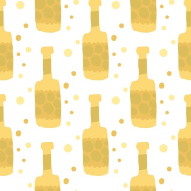 Dikensiz cam şişe deseni. Beyaz arka planda alkollü rom şişeleri. Bar menüsü arkaplanı. Kumaş, tekstil baskısı, ambalaj kağıdı için modern tasarım. Yaratıcı vektör illüstrasyonu