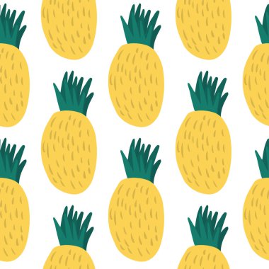Beyaz arka planda şirin sarı ananas desenli. El çizimi, renkli tropikal tekstil baskısı. Sonsuz meyve vektör dokusu. Kumaş, tekstil baskısı, ambalaj kağıdı, kapak için tasarım.