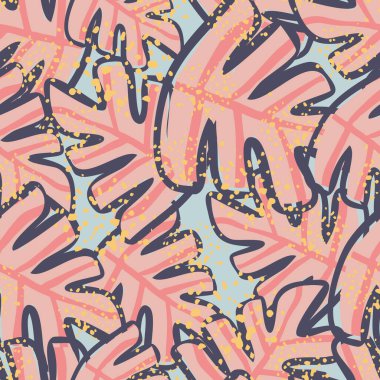 Soyut canavar yaprağı dikişsiz desen. Egzotik bitki kırmızı yaprakları. Elle çizilmiş yaratıcı yaprak vektör çizimi. Bitmek bilmeyen botanik doku. Kumaş, tekstil baskısı, ambalaj kağıdı için tasarım.