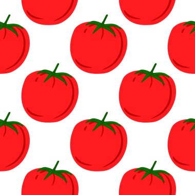 Kumaş tasarımı için geometrik domates deseni. Kırmızı domates arka planı. Organik sağlıklı sebze duvar kağıdı. Tekstil baskısı, ambalaj kağıdı, mutfak tekstili, kapak tasarımı. Basit vektör illüstrasyonu