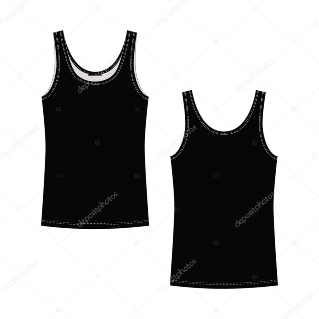 Technical sketch black tank top for girls isolated on white background. Woman underwear. Back and front view. Vector illustration. Design for packaging, fashion catalog