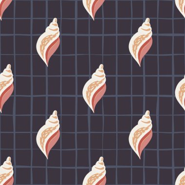 Mavi deniz kabukları siyah arkaplanda pürüzsüz desen oluşturuyor. Deniz kabuğu çizimi. Kumaş, tekstil baskısı, ambalaj kağıdı, kapak için tasarım.