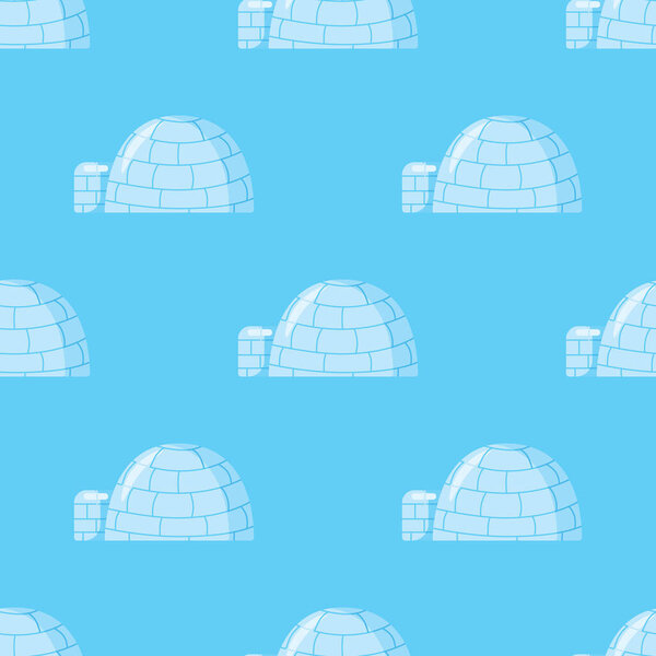 Igloo seamless pattern on blue background. Icy cold house wallpaper. Winter construction from ice blocks backdrop. Eskimo peoples house. Vector illustration
