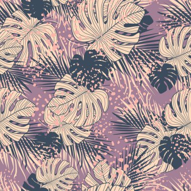 Soyut egzotik tropikal yapraklar pembe arka planda pürüzsüz desen. Havai 'nin son moda duvar kağıtları. Kumaş, tekstil baskısı, ambalaj kağıdı, moda, iç mekan, kapak tasarımı. Vektör illüstrasyonu