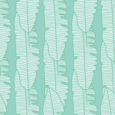 Geometrik muz yaprağı, yeşil arka planda dikişsiz desen. Orman egzotik bitki duvar kağıdı. Kumaş, tekstil baskısı, ambalaj kağıdı, moda, iç mekan, kapak için moda tasarımı. Vektör illüstrasyonu
