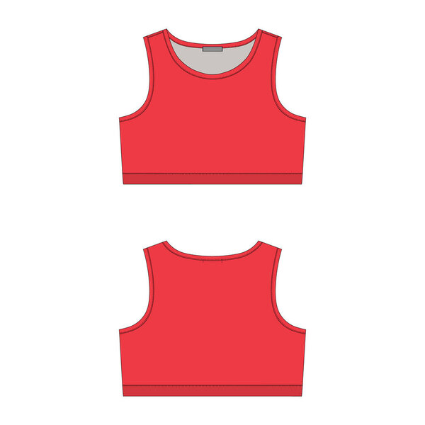 Red sports bra technical sketch on white background. Women's yoga underwear design template. Front and back views. Fashion vector illustration
