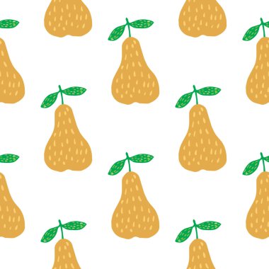 Geometrik sarı armutlar beyaz arka planda pürüzsüz desen. Karalama tarzında tatlı meyve duvar kâğıdı. Vektör çizimi. Kumaş, tekstil baskısı, ambalaj kağıdı, mutfak tekstili tasarımı.