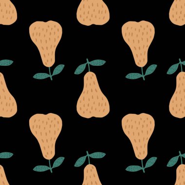Geometrik sarı armutlar siyah arka planda pürüzsüz desen. Karalama tarzında tatlı meyve duvar kâğıdı. Kumaş, tekstil baskısı, ambalaj kağıdı, mutfak tekstili tasarımları. Vektör illüstrasyonu.