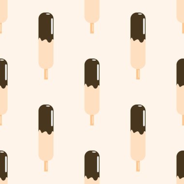 Ahşap bir çubukta pembe dondurma deseni. Çikolata kaplı arka planda buzlu lolipop. Işık arka planında düz stil duvar kağıdında dondurulmuş buzlu şekerleme. Vektör illüstrasyonu