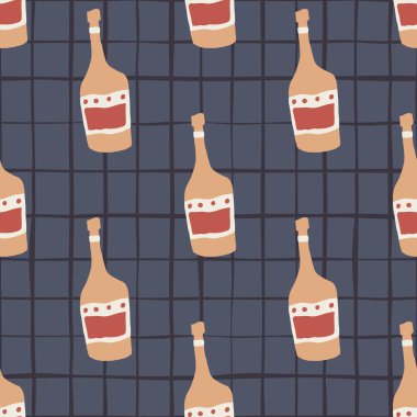 Çizgili arka planda dikişsiz komik cam şişe deseni. Rom şişeleri. Bar menüsü arkaplanı. Kumaş, tekstil baskısı, ambalaj kağıdı için modern tasarım. Yaratıcı vektör illüstrasyonu
