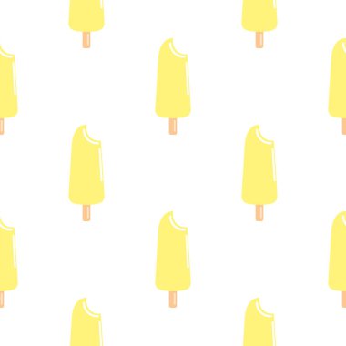 Düz şekilli buz lolipopu. Sarı dondurma vektör çizimi. Donmuş buzlu şeker duvar kağıdı beyaz arka planda. Paketleme, paketleme kağıdı için tasarım