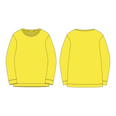 Beyaz arka planda izole edilmiş sarı renkli sweatshirt 'lü spor kıyafetleri. Ön ve arka teknik eskiz. Vektör illüstrasyonu