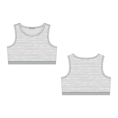 Beyaz arka planda kadın sütyeni teknik eskizi. Ön ve arka manzara. Yoga iç çamaşırı tasarımı vektör çizimi.