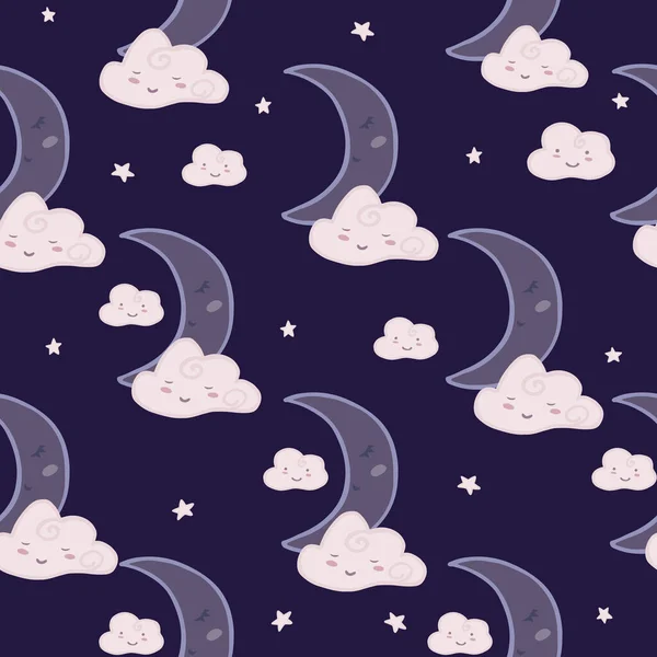 Seamless Pattern Cute Sleeping Cloud Sky Moon Design Baby Fabric — Stock Vector